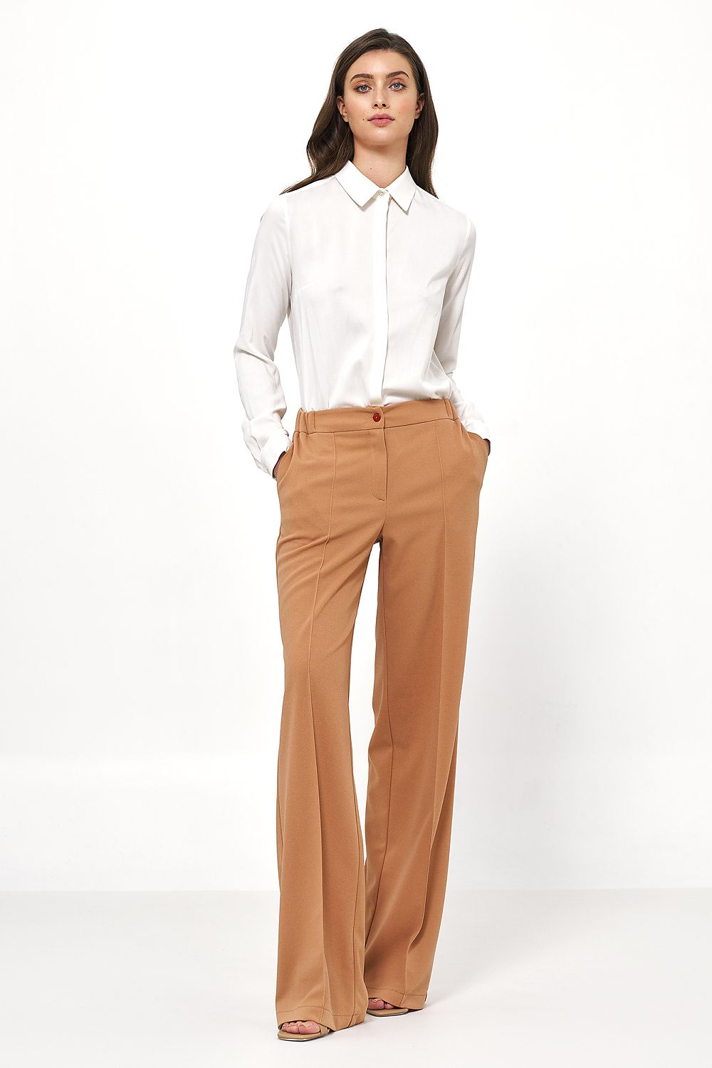 Women's viscose long-sleeve classic shirt, white pointed collar button-front