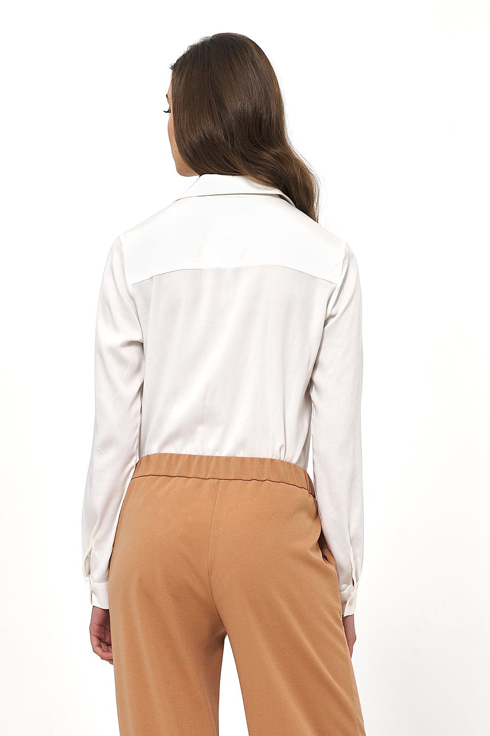 Women's viscose long-sleeve classic shirt, white back view with pointed collar