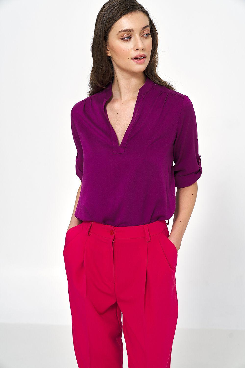 Violet viscose blouse with V neckline and gathered detail