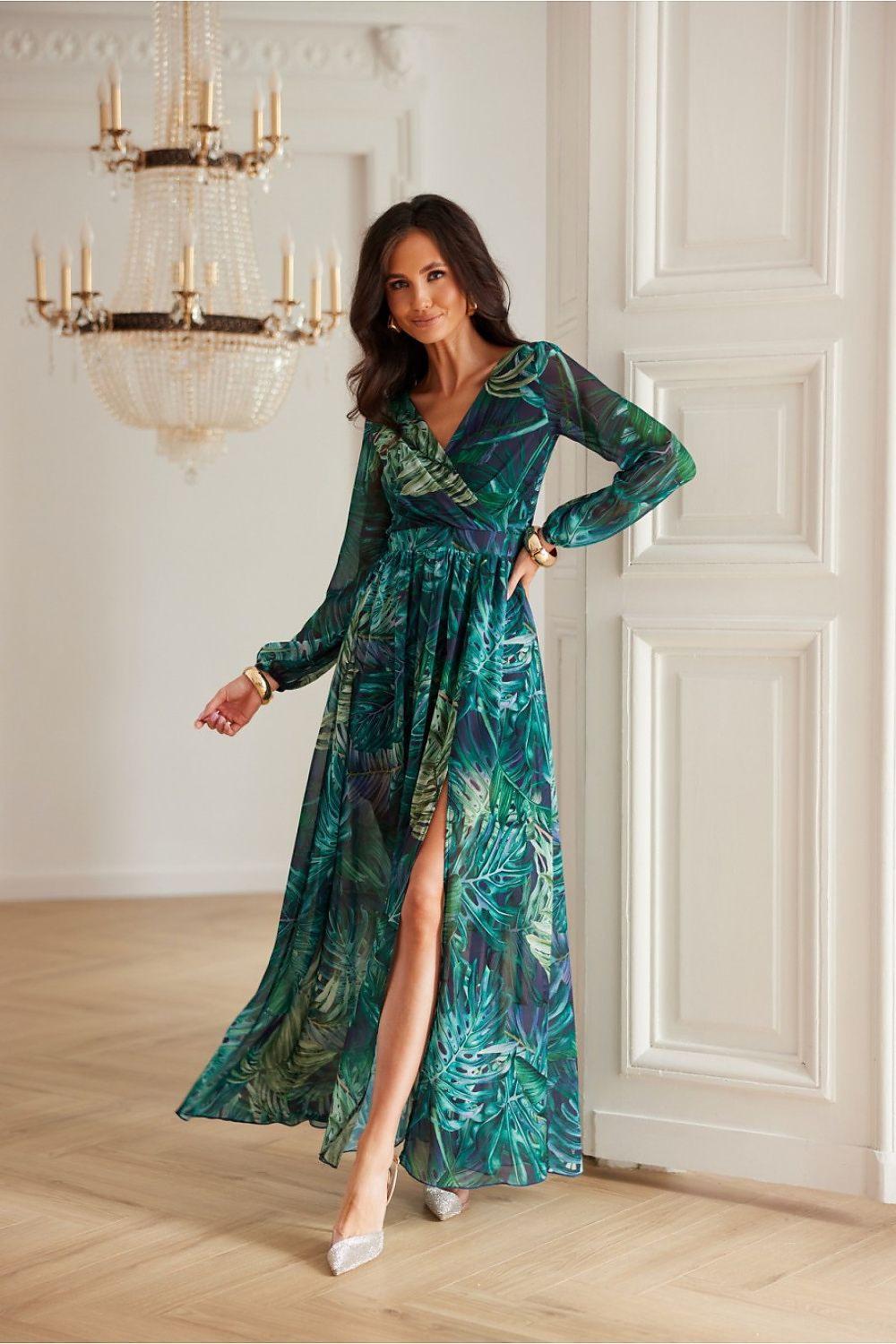 Long sleeve cocktail dress, teal-and-green print, V-neck with high front slit