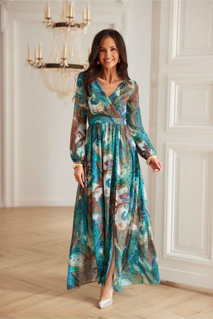 Cocktail dress in teal and multicolor print, V-neck, long sleeves, gathered waist