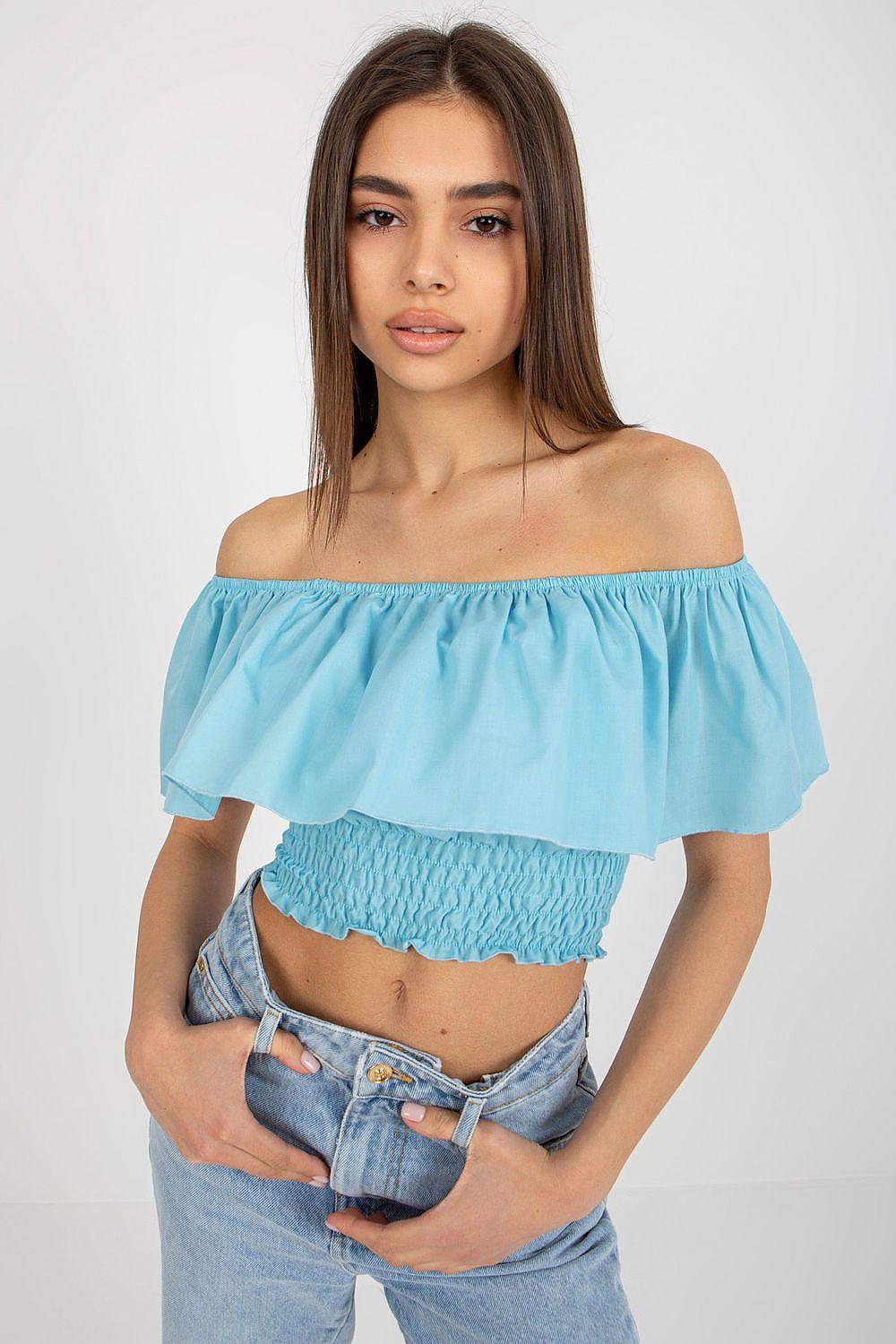 Off-shoulder ruffle blouse in light blue with elastic smocked waistband
