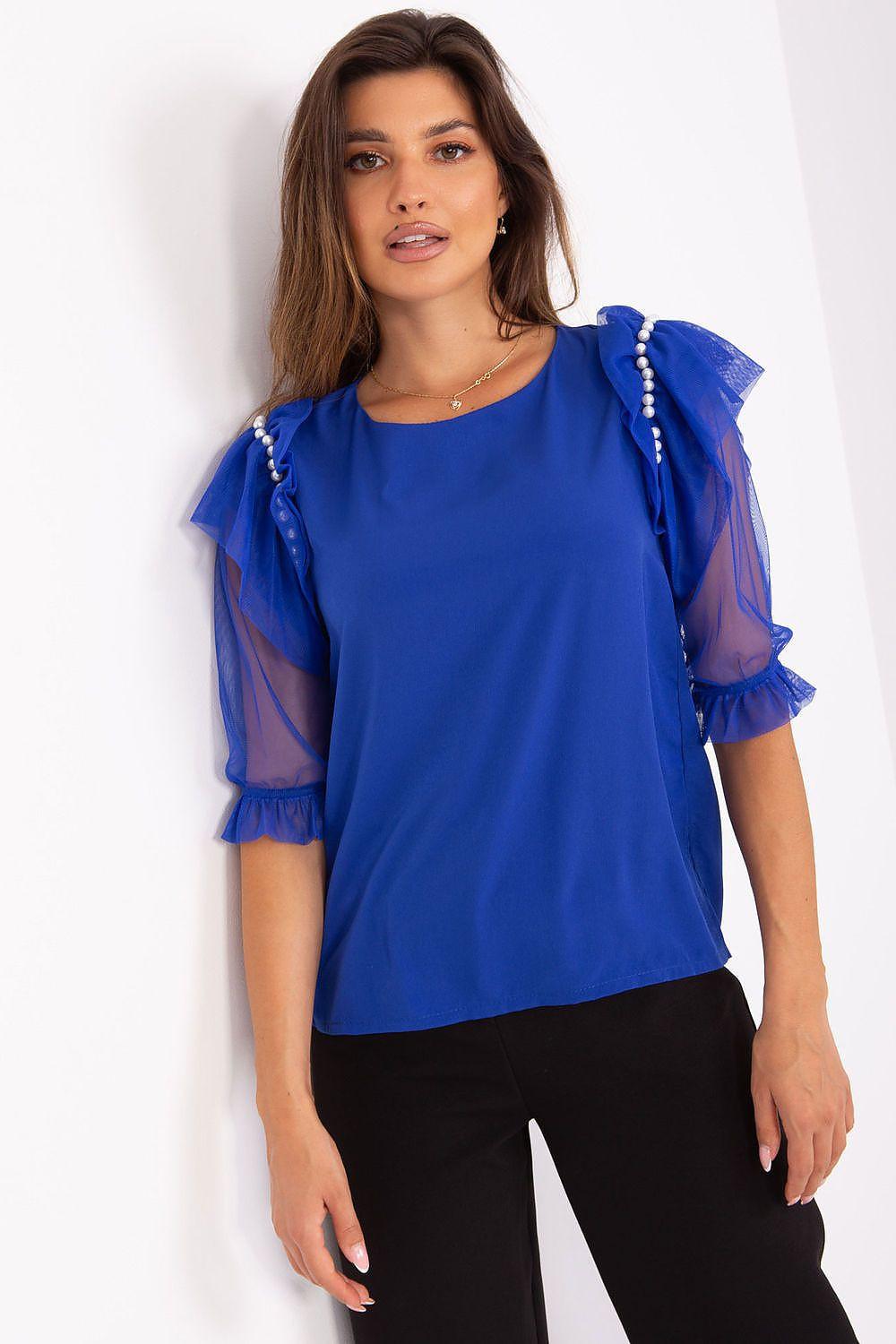 Blue blouse with mesh ruffle sleeves and pearl beaded trim at shoulders