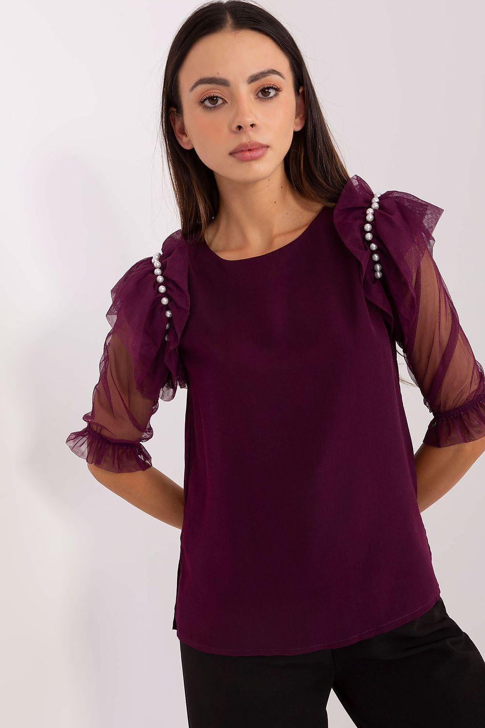 Violet blouse with sheer ruffle sleeves and pearl-like trim on shoulders