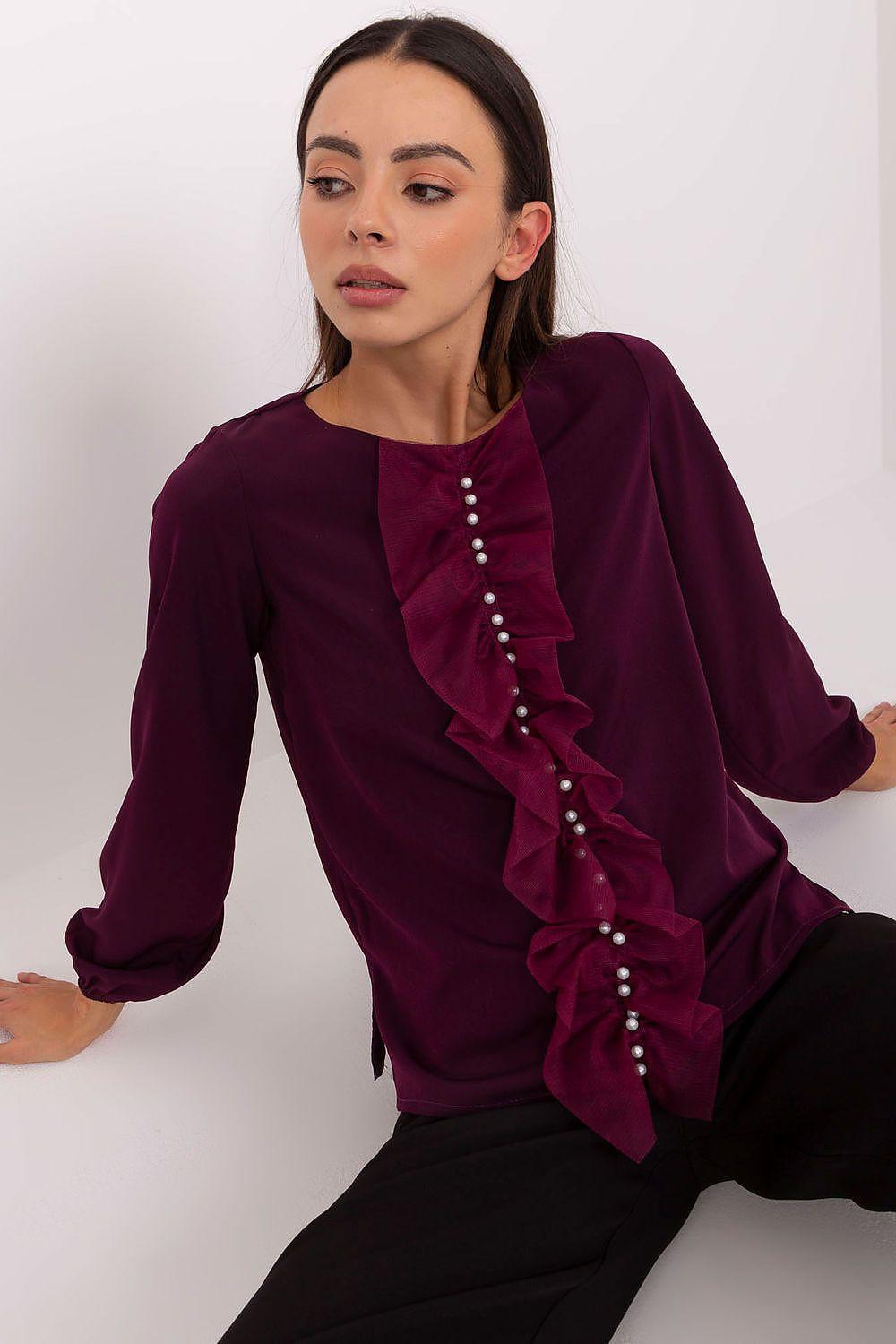 Violet ruffle-front blouse with bead accents