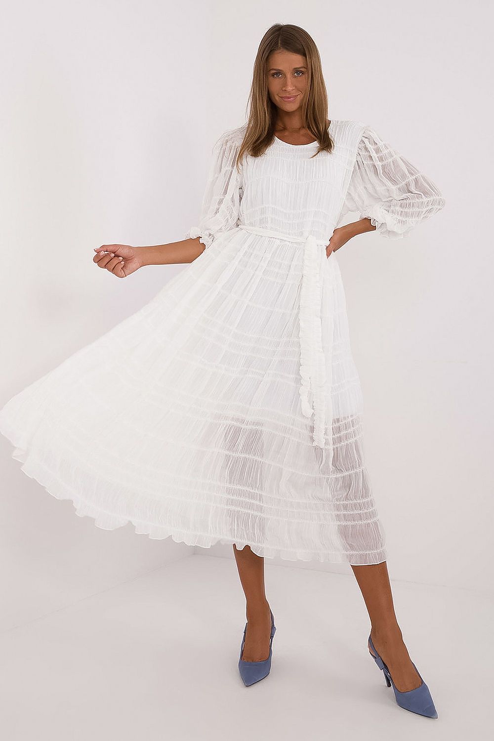 White midi daydress with tiered flared skirt and sheer long puff sleeves