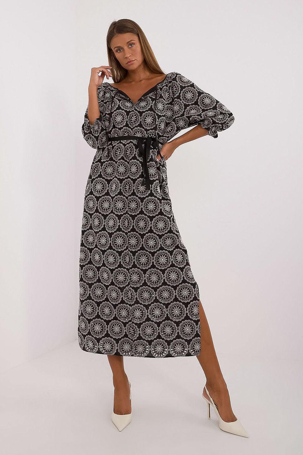 Embroidered cotton day dress, black with white circular print, midi with side slit, puff sleeves