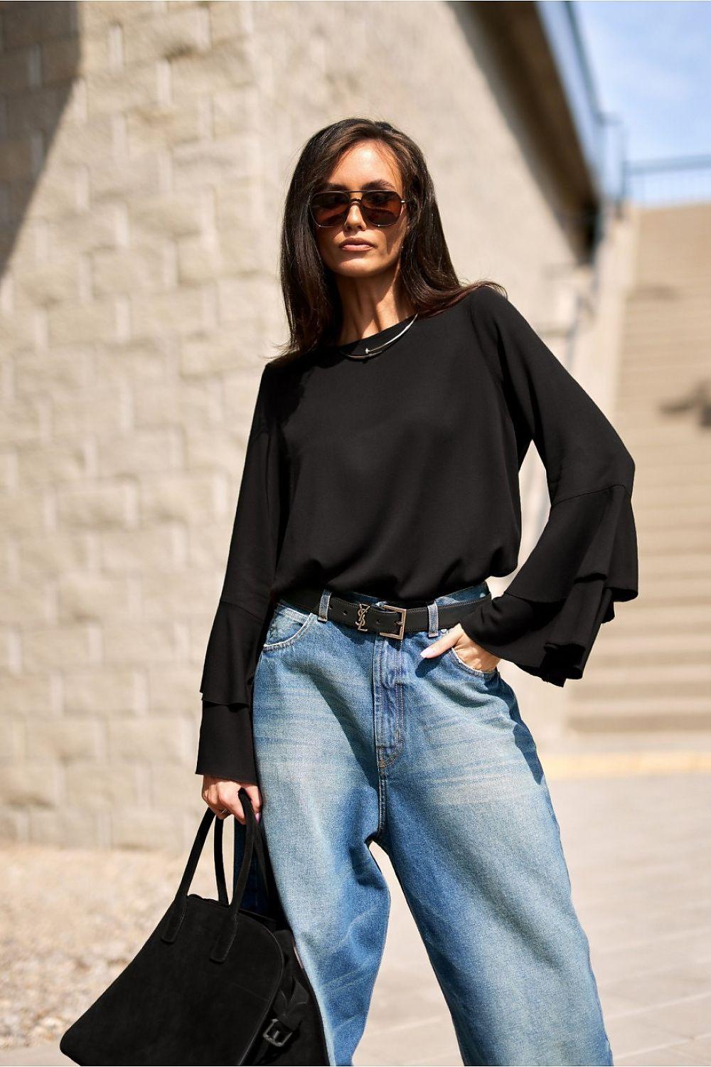Black blouse with double flounce cuffs and relaxed long sleeves