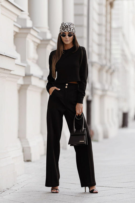 Black long-sleeve top and high-waist wide-leg trousers set, buttoned waist