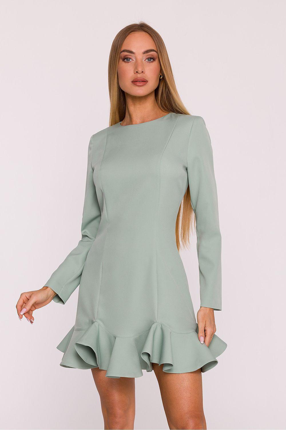 Light green cocktail dress with long sleeves and ruffled flounce skirt hem