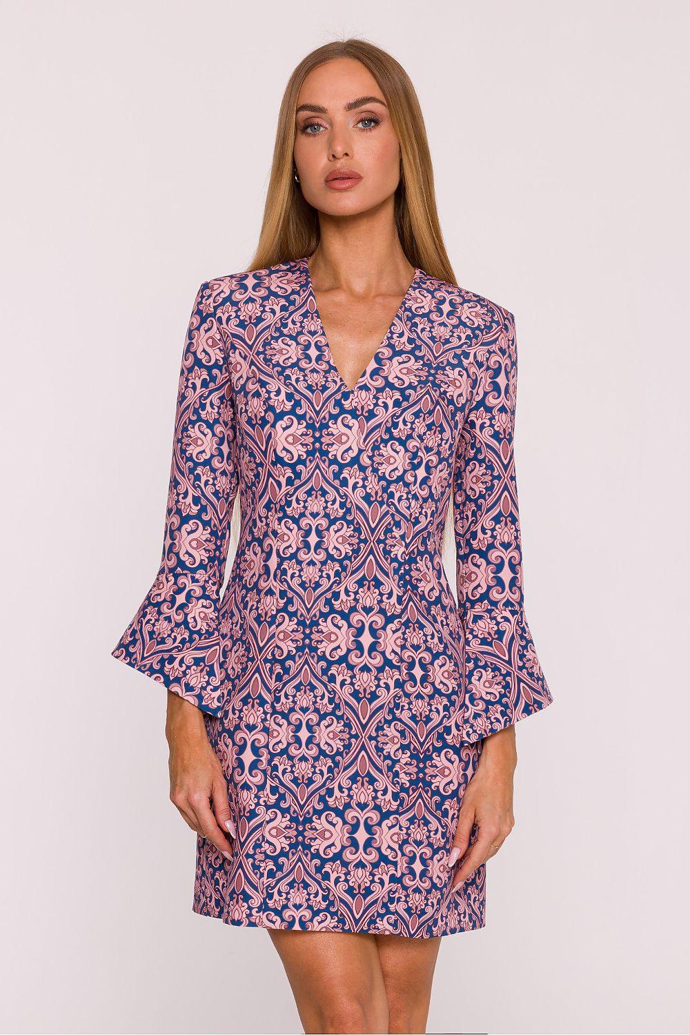 Floral-print daydress with V-neck and three-quarter bell sleeves, front view