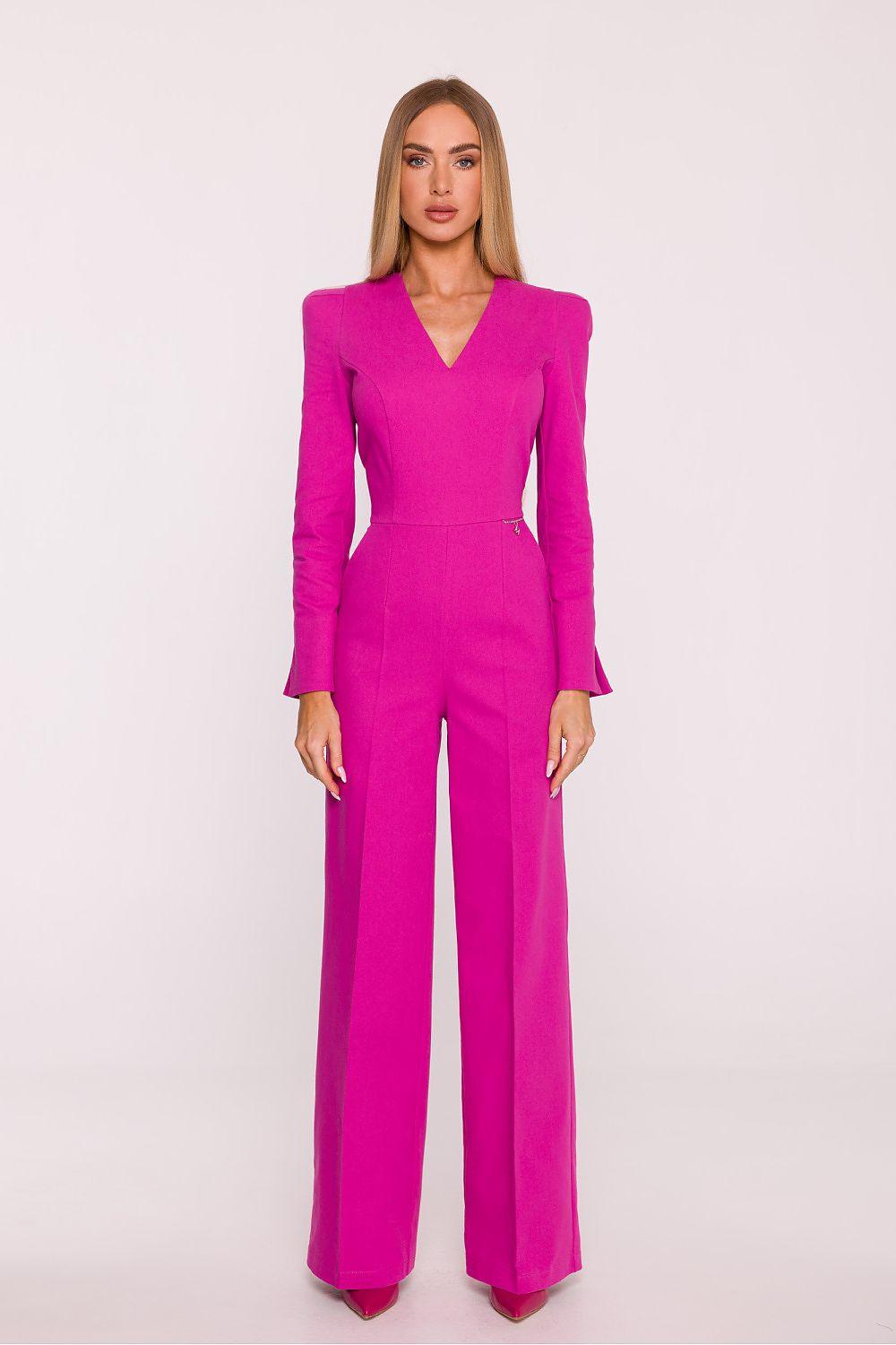 Pink V-neck tailored jumpsuit with long sleeves and wide-leg trousers.