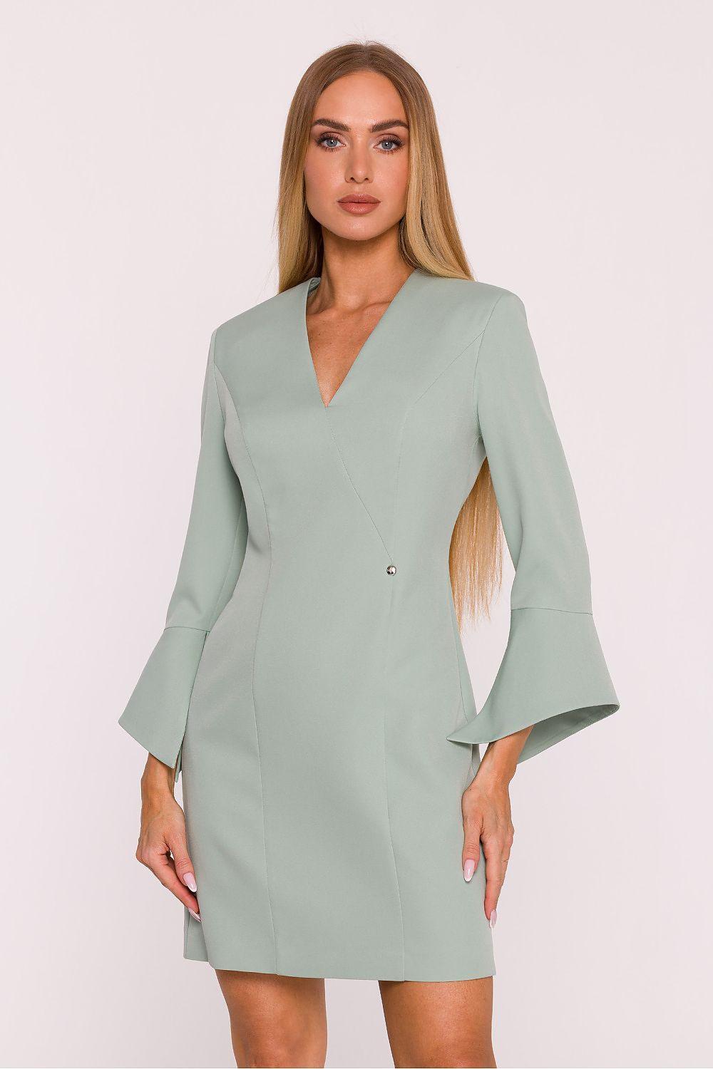 Sage green daydress with V-neck, fitted waist, flared long sleeves and button closure.