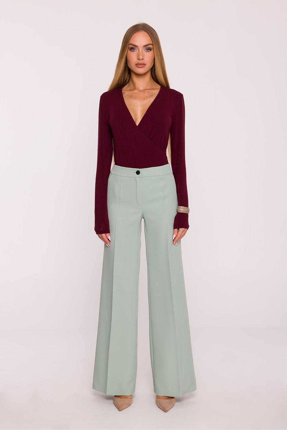 Women wide-leg trousers, high-waist mint green, button closure and belt loops