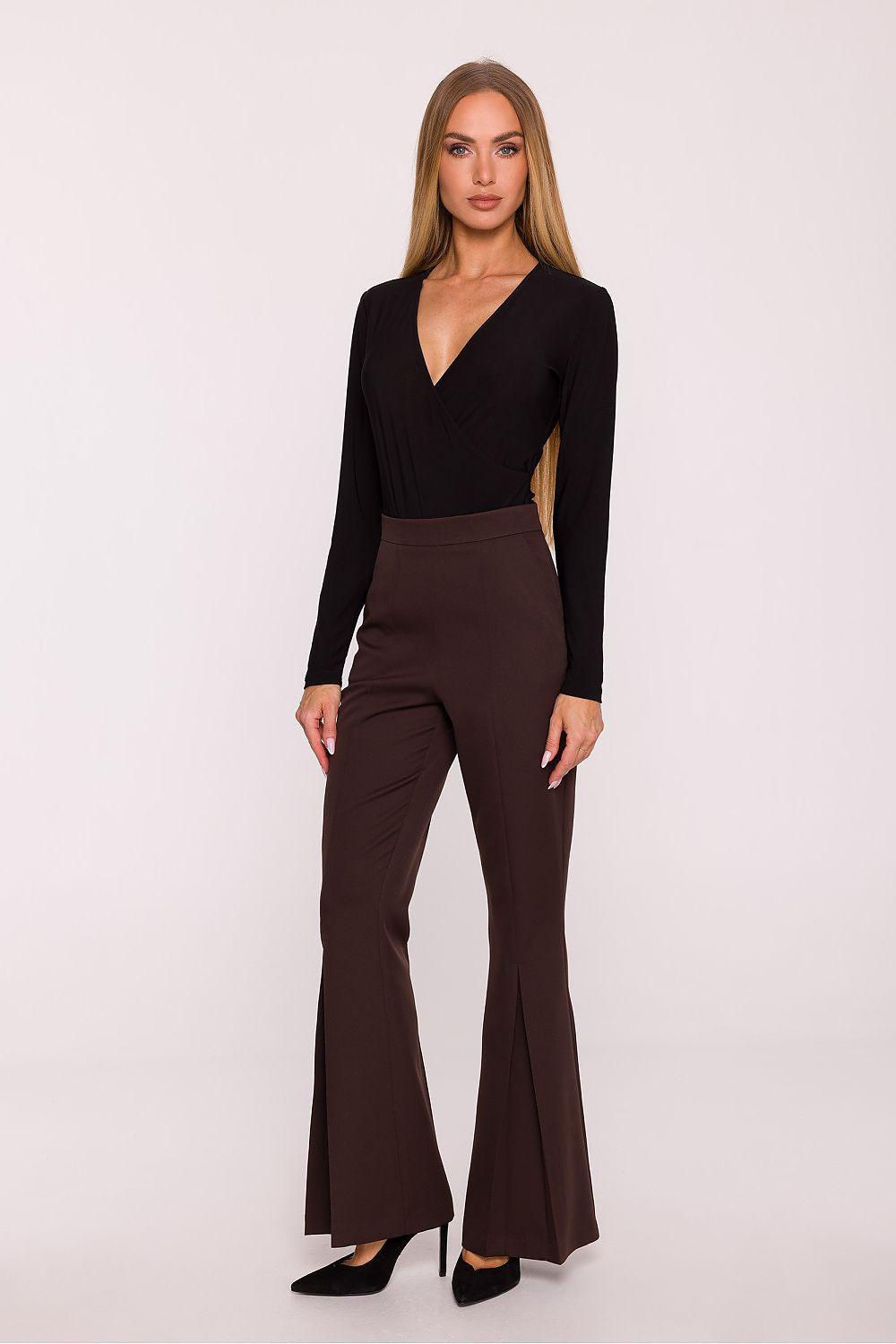 High-waist flared trousers, dark brown, wide-leg flare