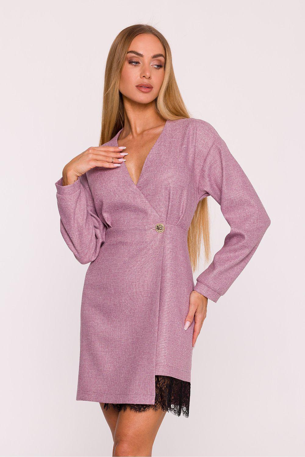 Pink daydress with V-neck, long sleeves, button front, and lace trim at hem