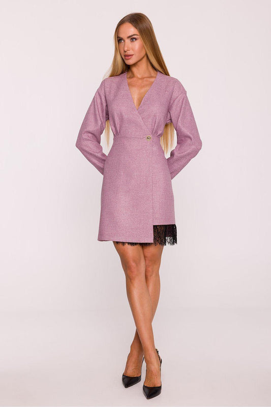 Lilac textured daydress with V-neck and long sleeves, button front, lace-trim hem detail
