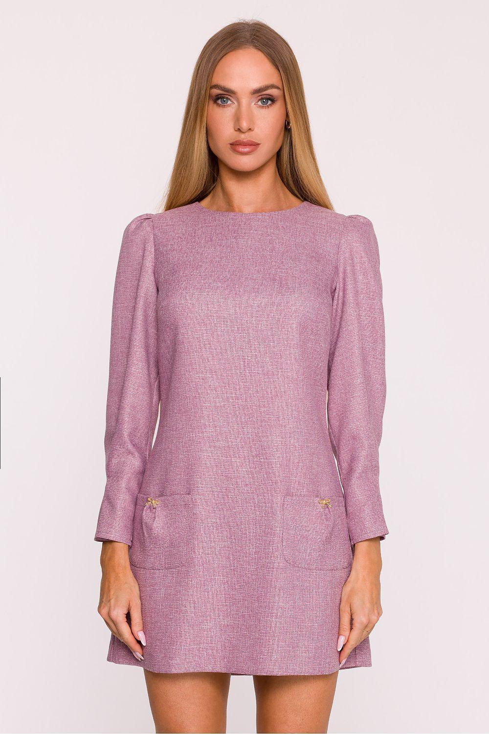 Pink short daydress with long sleeves, crew neck, straight hem, small button accents