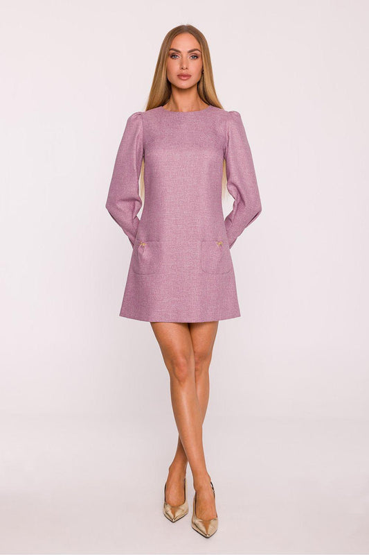 Pink day dress with long sleeves, crew neckline, and fitted silhouette