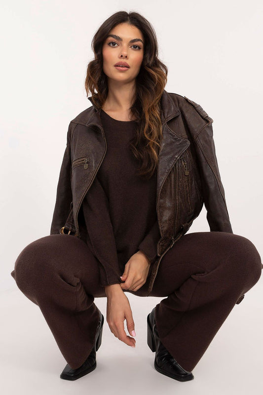 Women's brown knit hoodie set with matching pants, zip front and long sleeves