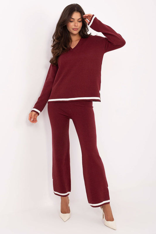 Women’s sweater set, maroon knit top and pants with white trim cuffs