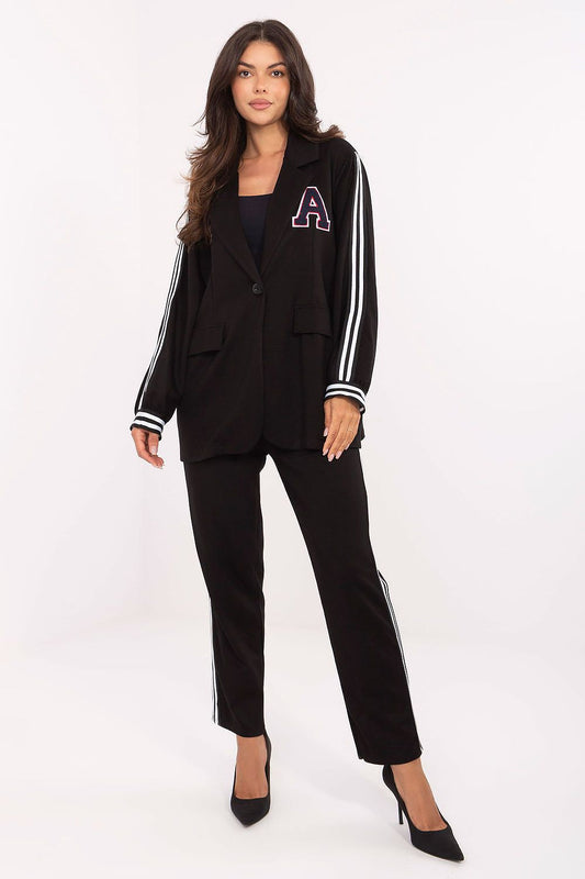 Women's black sporty set: blazer with white striped sleeves and matching trousers