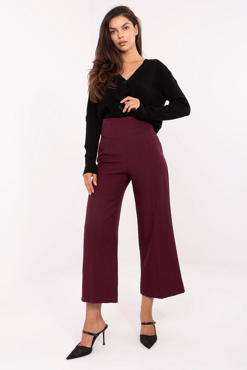 Burgundy high-waist wide-leg culottes with straight, wide cropped legs