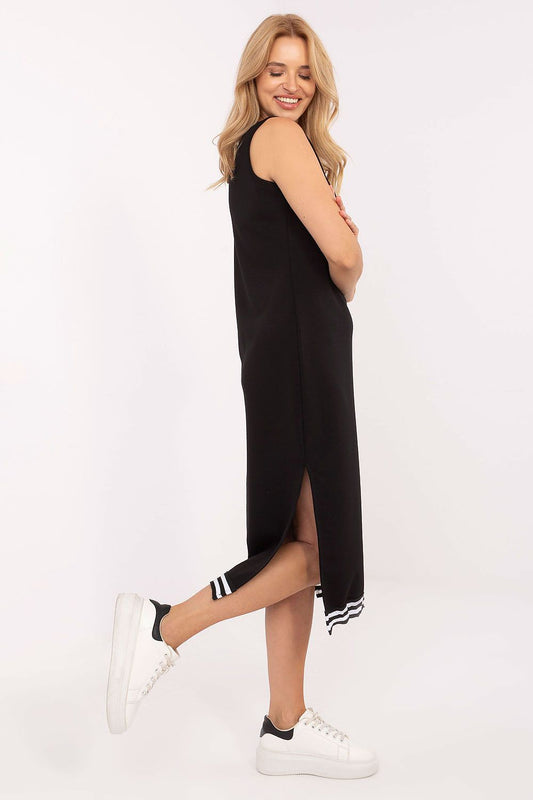 Black sporty midi dress with side slit and striped cuffs, sleeveless
