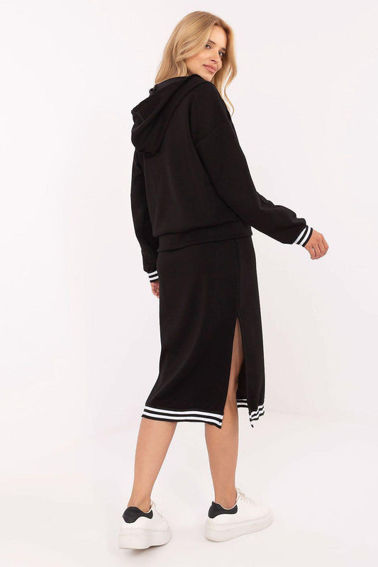 Black zip hoodie and midi skirt set with striped cuffs and side slit