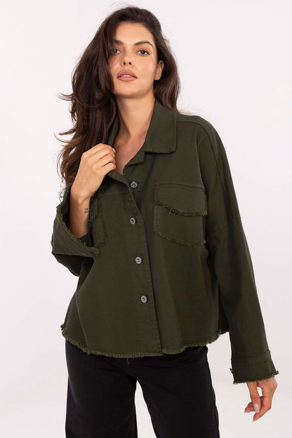 Dark green long sleeve shirt with button front and chest pockets