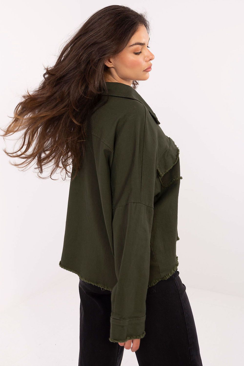 Dark green long sleeve shirt with collar and button closure, back/side view