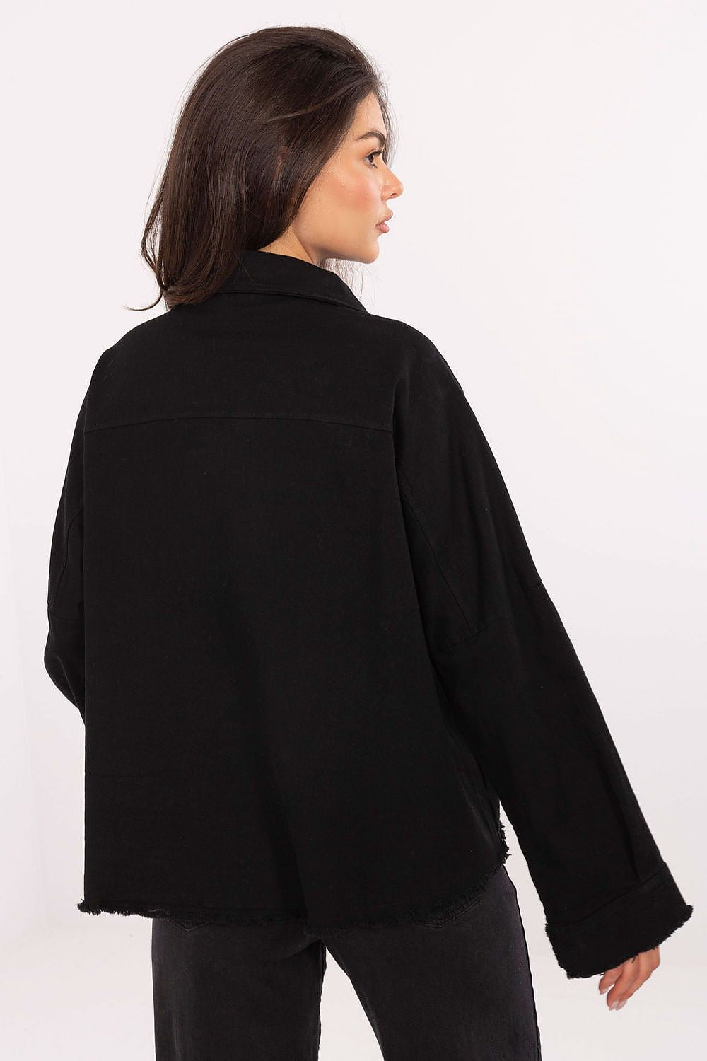 Black long sleeve shirt with collar, back view