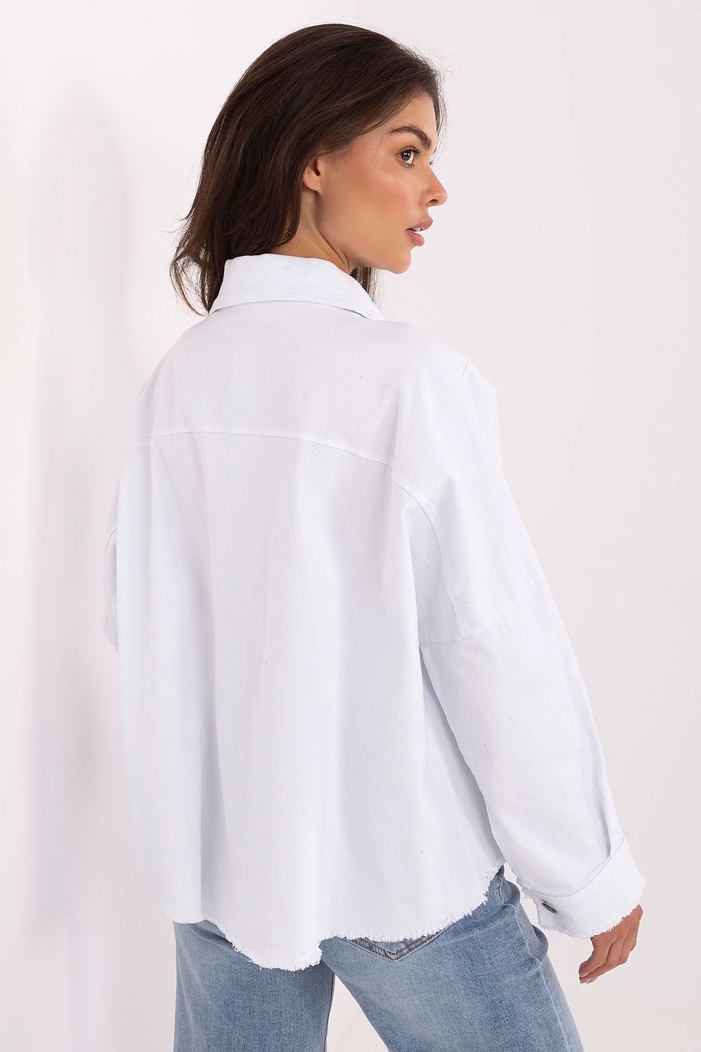White long sleeve shirt with collar, back view