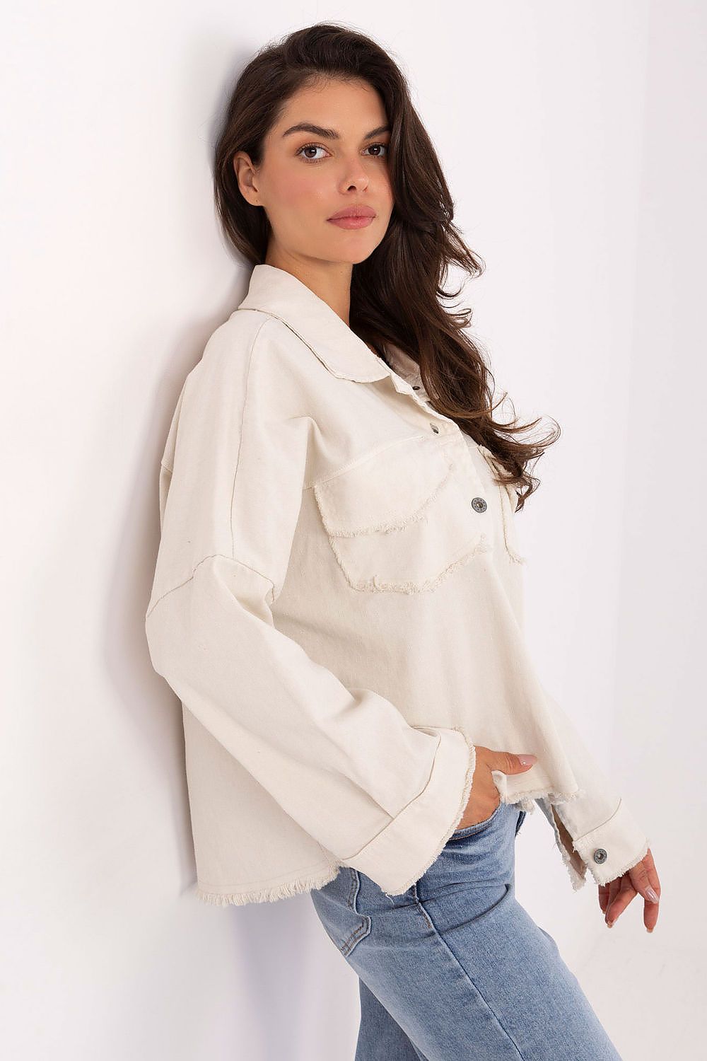 Long-sleeve button-front shirt, off-white with flap chest pockets and frayed hem