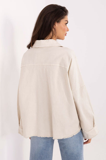 Long-sleeve button-front shirt, off-white; back view with yoke seam and curved hem