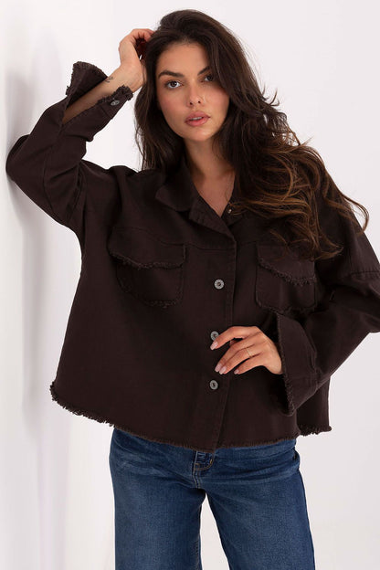 Long-sleeve button-front shirt, dark brown with flap pockets and frayed hem