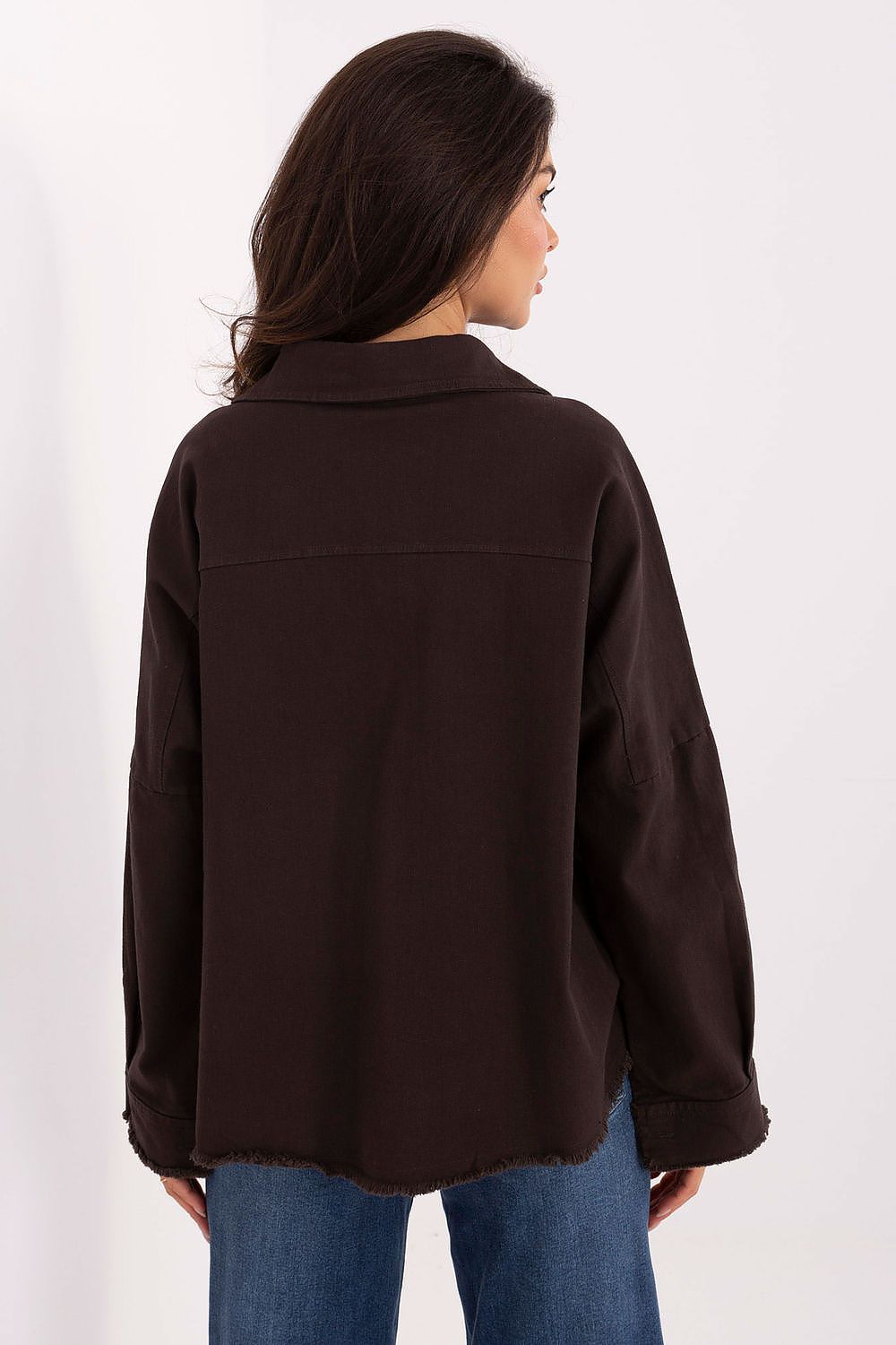 Long-sleeve button-front shirt, dark brown; back view with yoke seam and curved hem