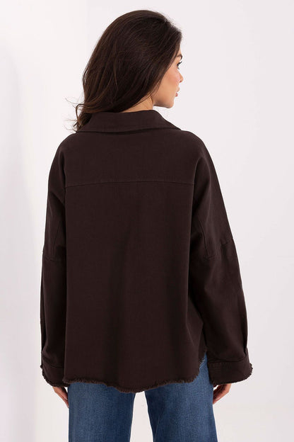 Long-sleeve button-front shirt, dark brown; back view with yoke seam and curved hem