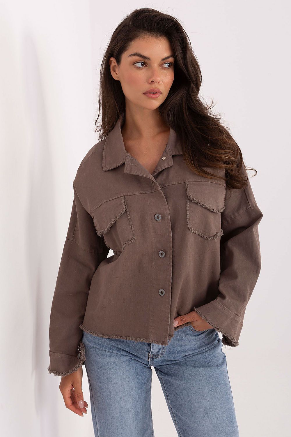 Long-sleeve button-front shirt, taupe/brown with flap chest pockets and frayed hem
