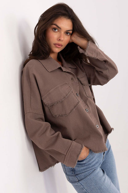 Long-sleeve button-front shirt, taupe/brown; front view with chest flap pockets