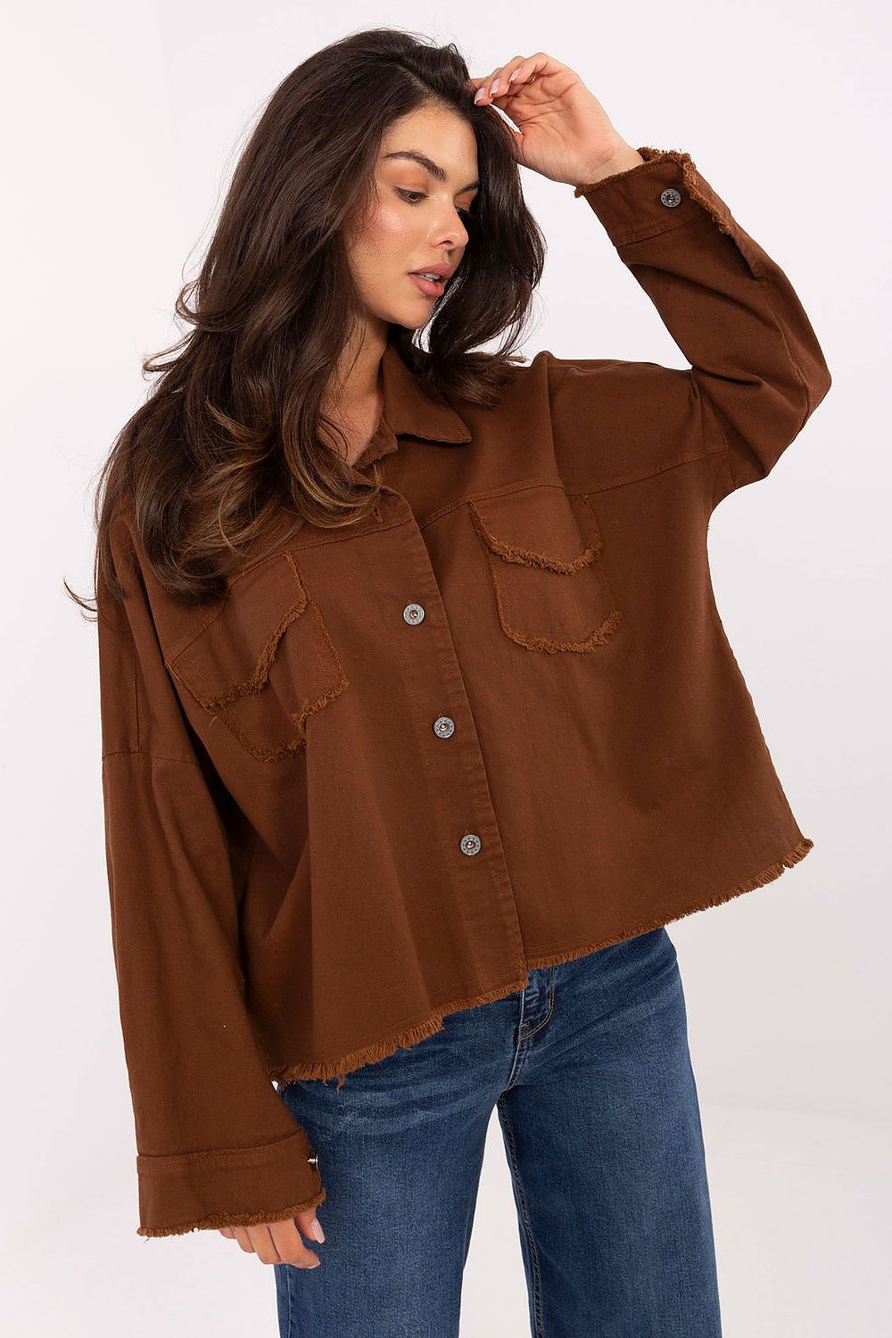 Long-sleeve button-front shirt, brown with flap pockets and frayed hem and cuffs
