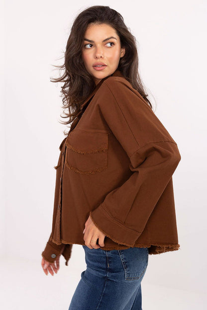 Long-sleeve button-front shirt, medium brown; chest flap pockets and frayed hem