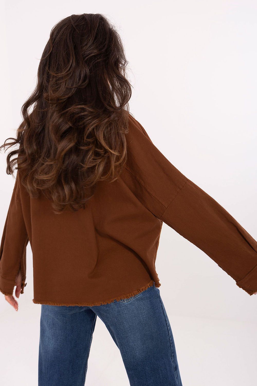Long-sleeve button-front shirt, medium brown; back view with yoke seam and curved hem