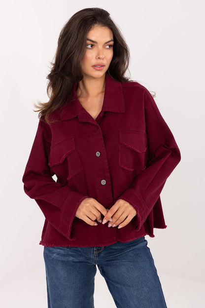Burgundy long-sleeve shirt with button front and point collar, chest patch pockets
