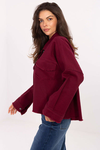 Burgundy long-sleeve shirt with point collar, button placket, chest patch pockets
