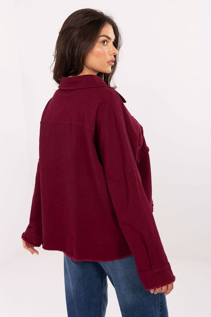 Burgundy long-sleeve shirt with point collar and button cuffs, side pockets
