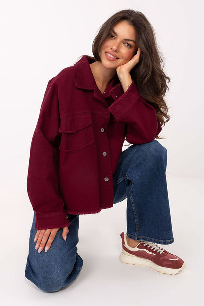 Burgundy long-sleeve shirt with point collar, button front, two chest patch pockets