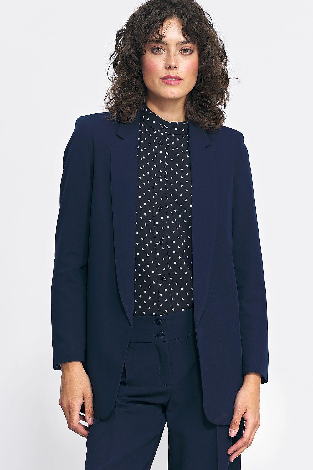 Women’s navy blazer with notched lapels, long sleeves, and button front