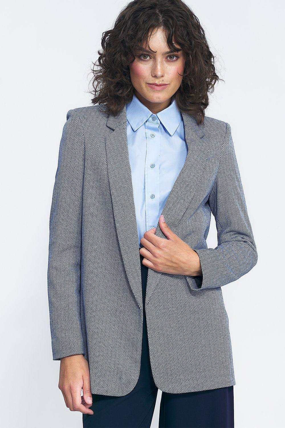 Women’s patterned blazer in light gray, front view with notch lapels