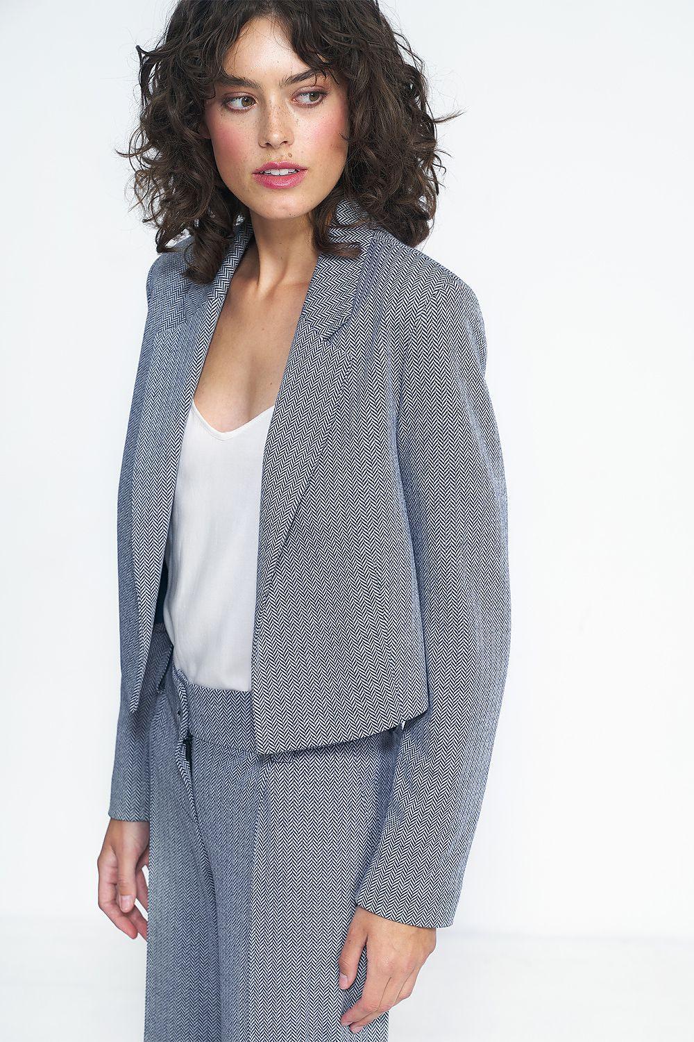 Gray textured short blazer jacket with notched lapel, single-button front, long sleeves